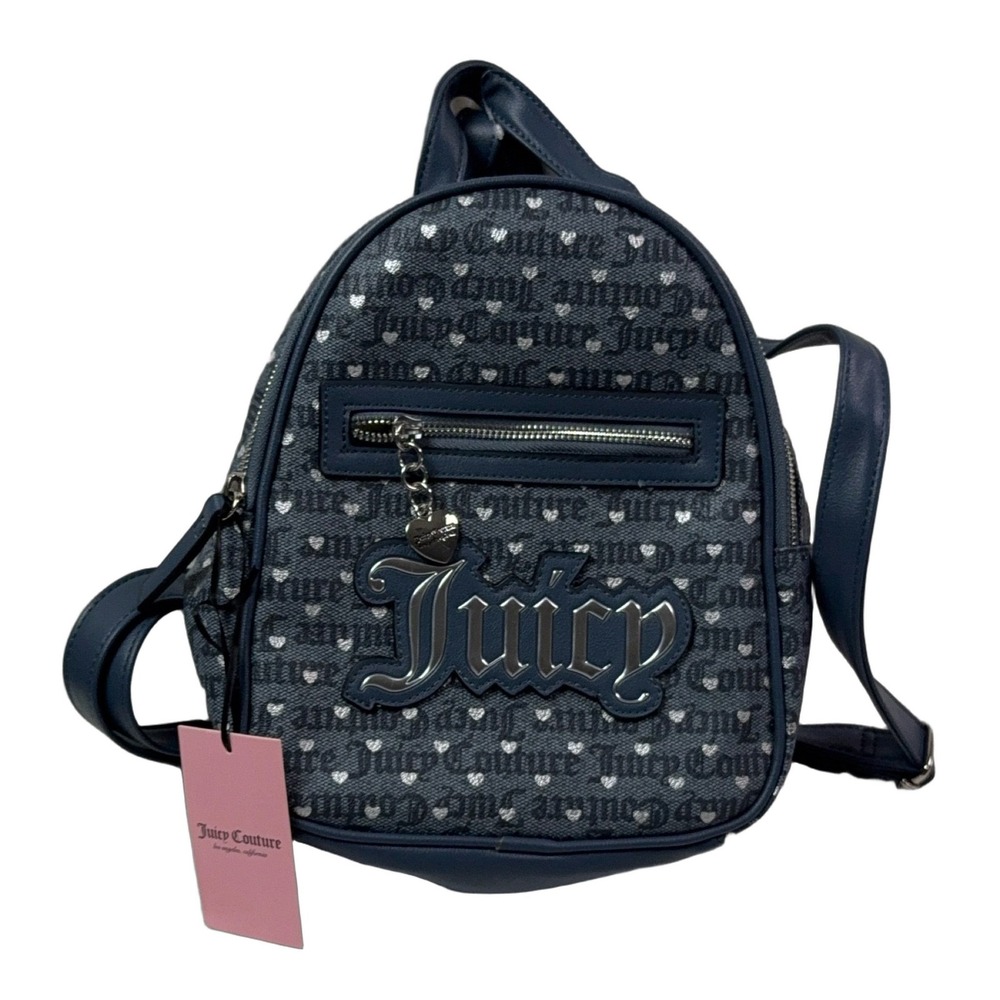 Juicy Couture Poker Face Mini Backpack Denim Blue Heart Print Bag Charm